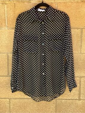 Equipment White Heart On Black Print Sheer Long Sleeve Blouse
